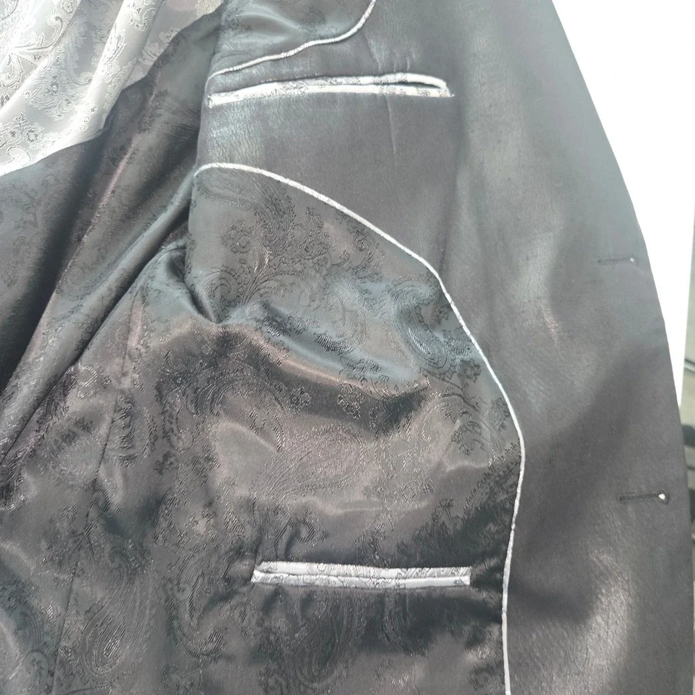 Andrew Fezza Mens Black Faux Leather Blazer Two Button Paisley Lined Jacket